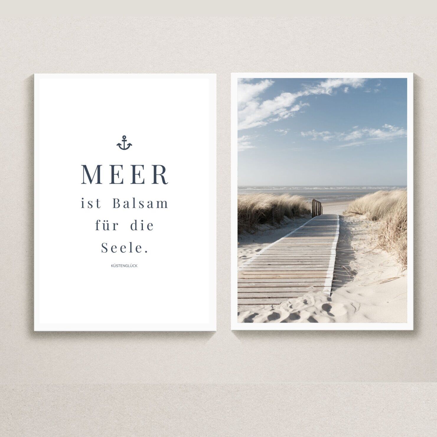 Meer Sprüche Poster-Set Balsam für die Seele I Spruch „Meer ist Balsam für die Seele“ I 2 Stück DIN A4, 210 X 297 mm I Mattes 300 g/m² Fine-Art Premiumpapier I zauberhafte Meer Bilder Wanddeko I Motiv: Strand, Düne, Sand, Meer, Wellen I beige, blau, Schwarz, Boho, Landhaus, Skandi, Lieferung erfolgt ohne Rahmen