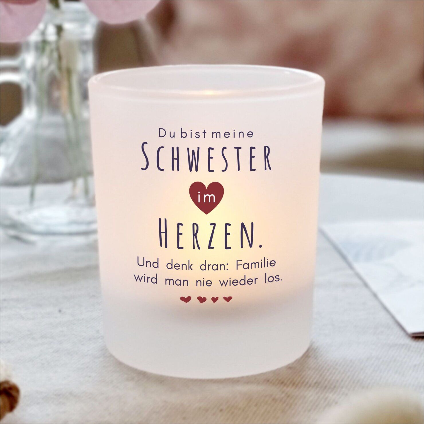 Kerzenglas Mit Spruch Schwester Im Herzen, Geschenkidee, Geburtstag Kuestenglueck