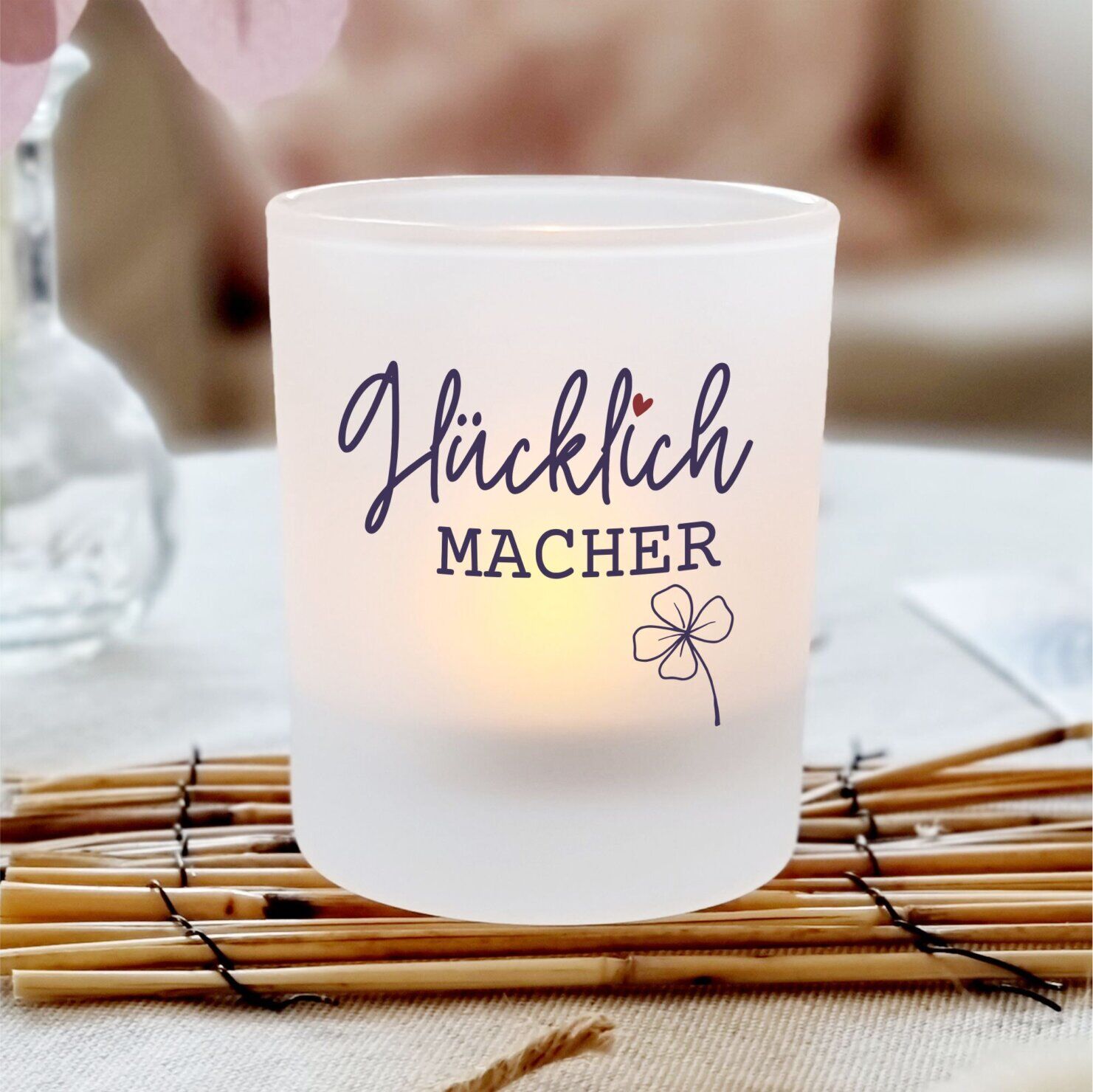 Mitbringsel Windlicht Glücklichmacher aus Glas als Mitbringsel zum Geburtstag oder eine Einladung für Freunde und Bekannte zum Verschenken