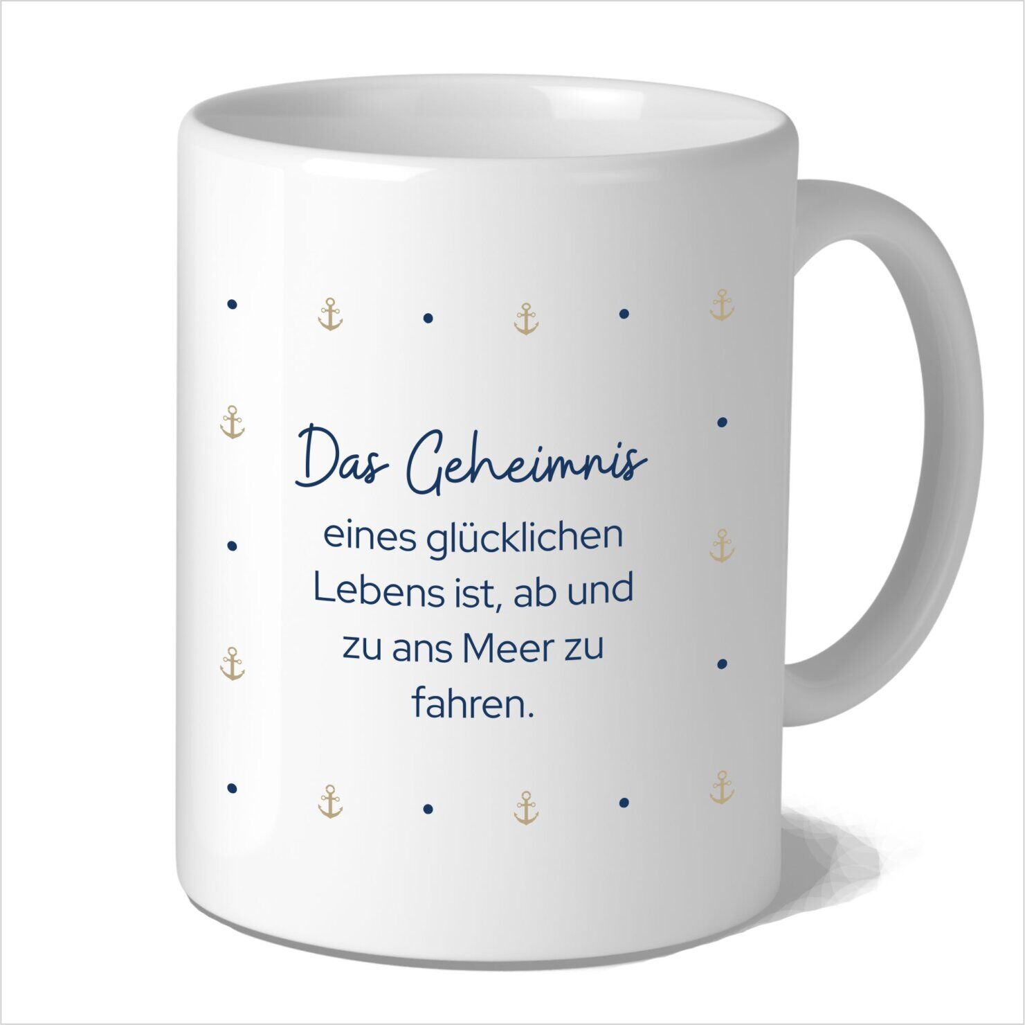 Tasse mit Anker Spruch Das Geheimnis eines glücklichen Lebens ist, ab und zu ans Meer zu fahren. I 300ml I weiß, blau, beige. Maritimes Geschenk für Freundin, Kollegin, Familie. Zum Geburtstag, als Mitbringsel oder einfach so.